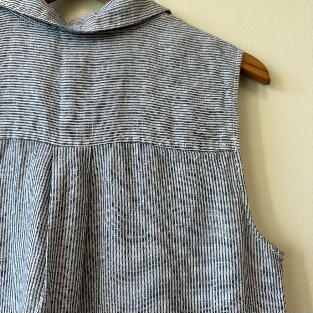 Tahari 100% Linen Sleeveless Blue Stripe Button-Down Dress - Picture 6 of 6